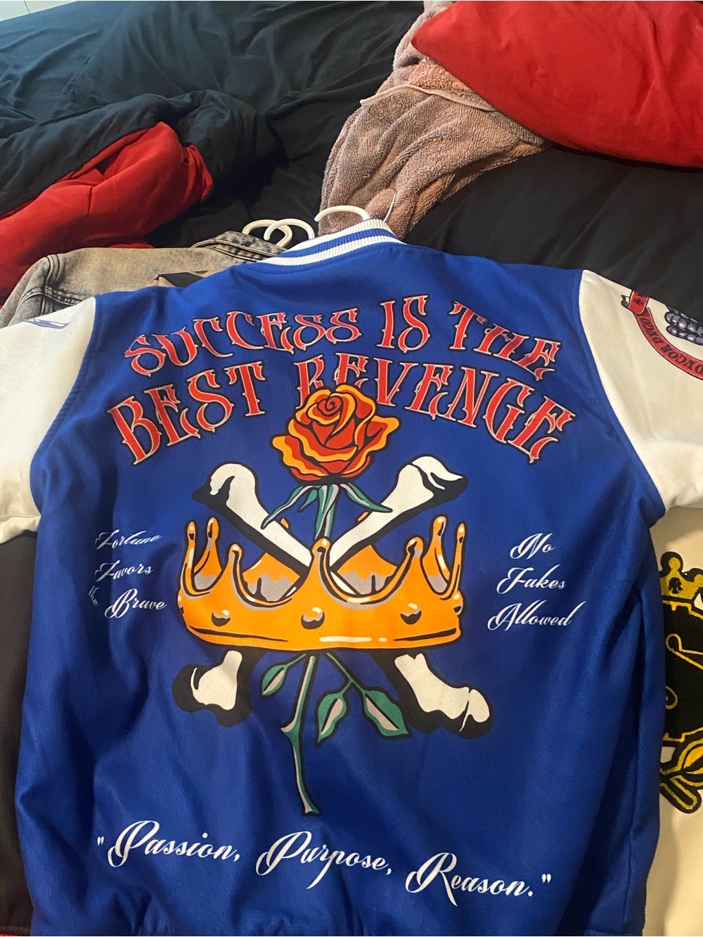 Blue Graphic Varsity Jacket with Crown & Rose